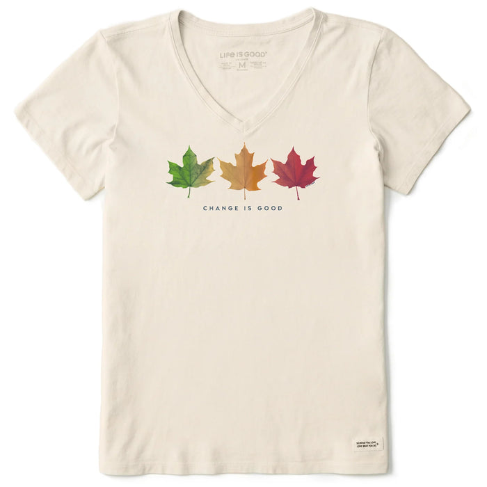 Life is Good. Women's Change is Good 3 Leaves Short Sleeve Crusher Vee, Putty White