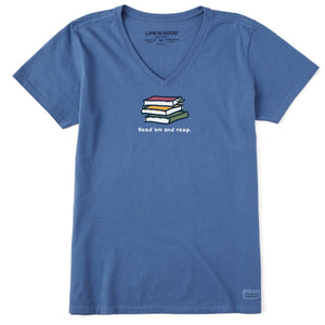 Life is Good. Women's Read 'em and Reap SS Crusher Vee, Vintage Blue