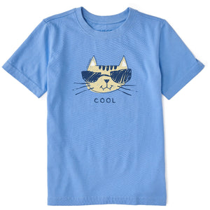 Life Is Good. Kids Cool Cat Short Sleeve Crusher Tee, Cornflower Blue