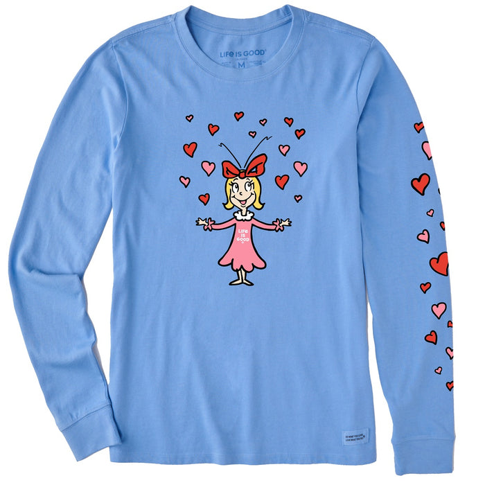 Life is Good. Women's Cindy-Lou Hearts LS Crusher Tee, Cornflower Blue