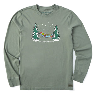 Life is Good. Men's Grinch Peace On Earth Long Sleeve Crusher Tee, Moss Green