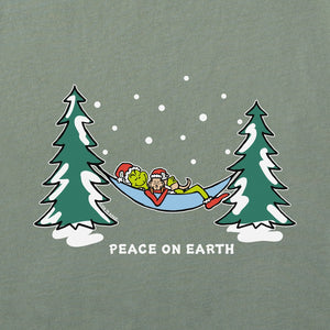 Life is Good. Men's Grinch Peace On Earth Long Sleeve Crusher Tee, Moss Green