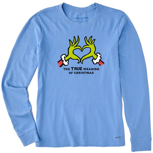 Life is Good. Women's Vintage The True Meaning Of Christmas Long Sleeve Crusher Tee, Cornflower Blue