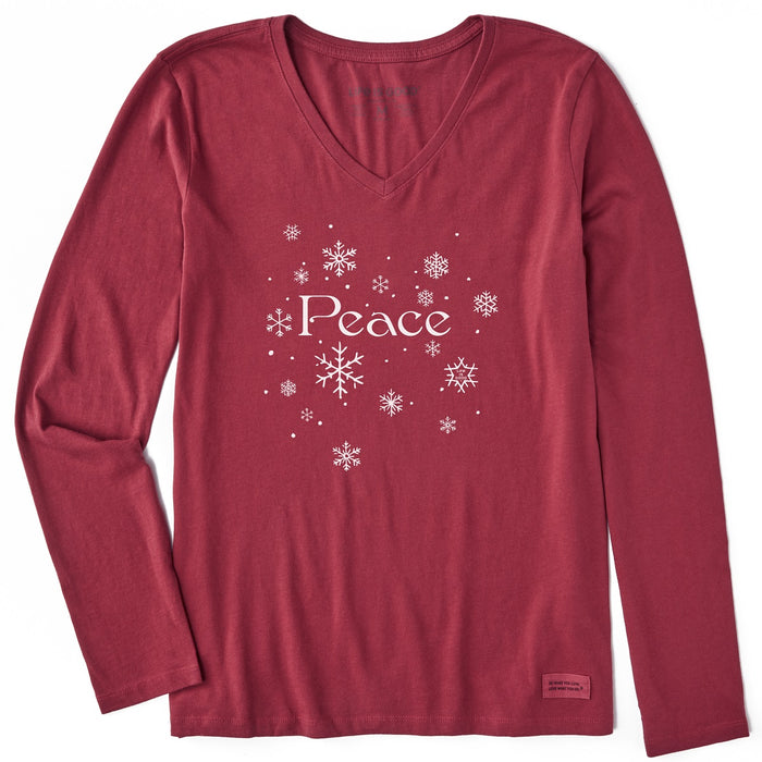 Life is Good. Women's Peace Snowflakes LS Crusher Vee, Cranberry Red