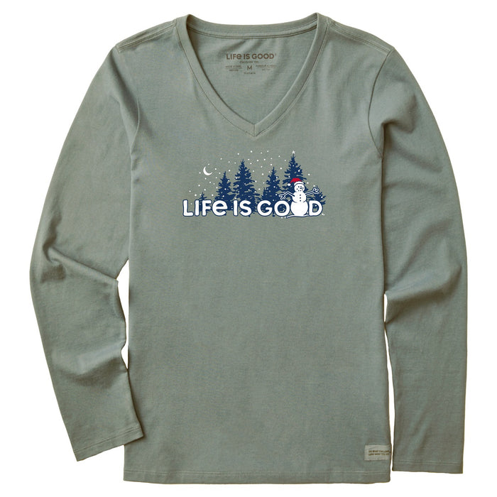 Life is Good. Women's Snowman Landscape LS Crusher Vee, Moss Green