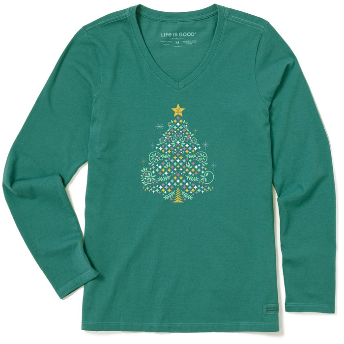 Life is Good. Women's Christmas Tree Sparkles LS Crusher Vee, Spruce Green