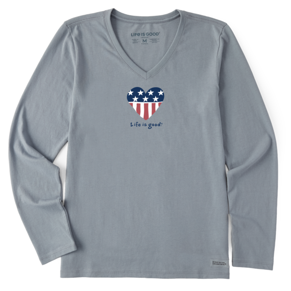 Life is Good. Women's USA Heart Long Sleeve Crusher Vee, Stone Blue