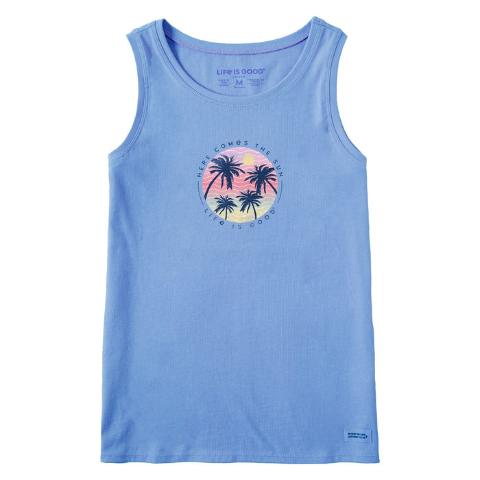 Life is Good. Women's Here Comes The Sun Palms Crusher Tank, Cornflower Blue