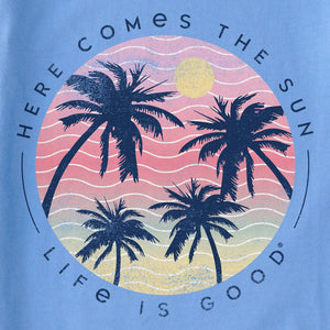 Life is Good. Women's Here Comes The Sun Palms Crusher Tank, Cornflower Blue