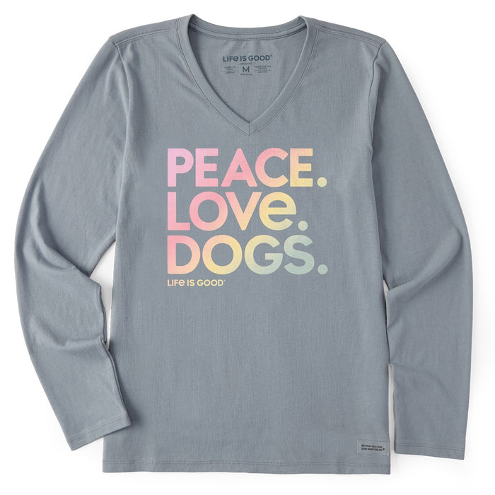 Life is Good. Women's Peace Love Dogs LS Crusher-LITE Vee, Stone Blue