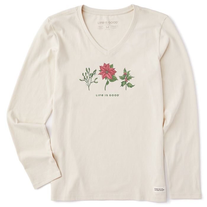 Life is Good. Women's Holiday Flowers LS Crusher-LITE Vee, Putty White