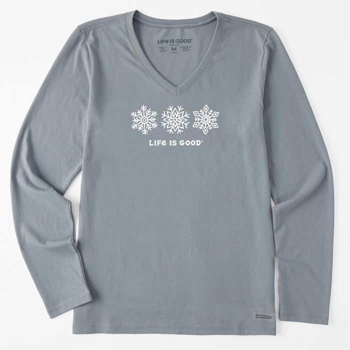 Life is Good. Women's Three Snowflakes LS Crusher Vee, Stone Blue