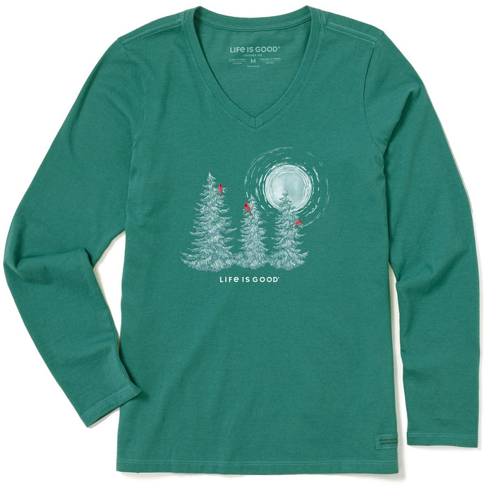 Life is Good. Women's Snowy Pines with Cardinals LS Crusher Vee, Spruce Green