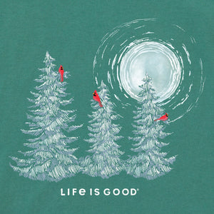 Life is Good. Women's Snowy Pines with Cardinals LS Crusher Vee, Spruce Green