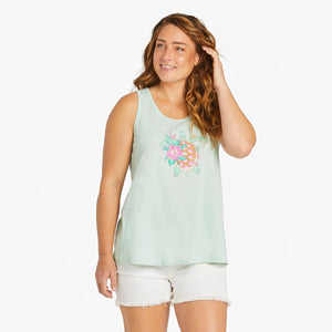 Life is Good. Women's Fine Line Tropical Floral Turtle Textured Slub Tank, Sage Green