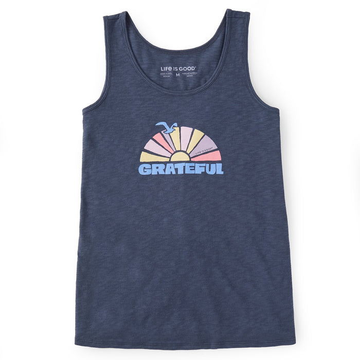 Life is Good. Women's Groovy Grateful Sun Textured Slub Tank, Darkest Blue