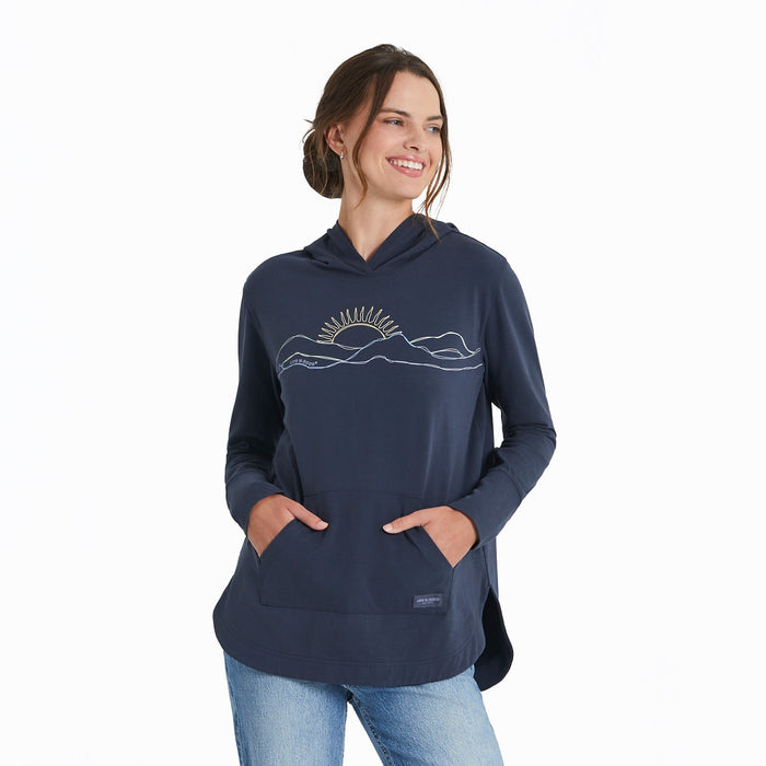 Life is Good Women's Freehand Mountain Sun Crusher-FLEX Hoodie Tunic, Inkwell Blue