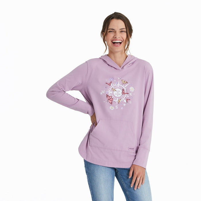 Life is Good Women's Butterfly and Floral Compass Crusher-FLEX Hoodie Tunic, Violet Purple