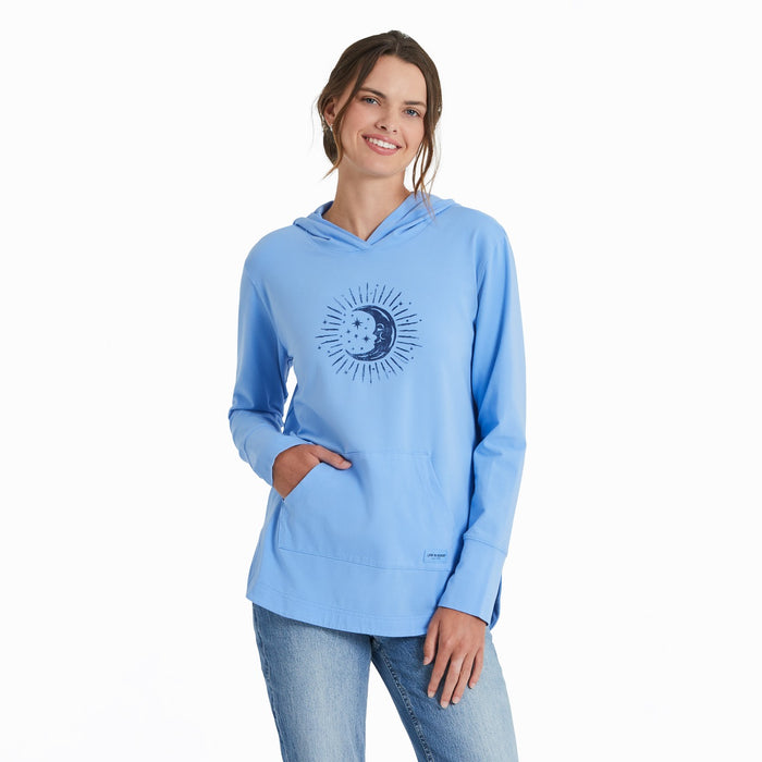 Life is Good Women's Woodcut Moon Stars Crusher-FLEX Hoodie Tunic, Cornflower Blue