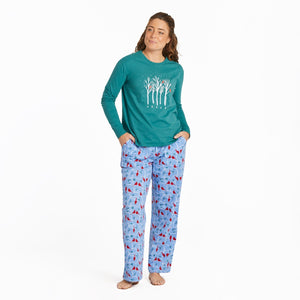 Life is Good. Women's Peaceful Cardinal Forest LS Snuggle Up Relaxed Sleep Tee, Spruce Green