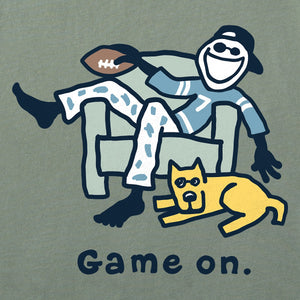 Life is Good. Men's Jake and Rocket Game On Football Crusher Tee, Moss Green