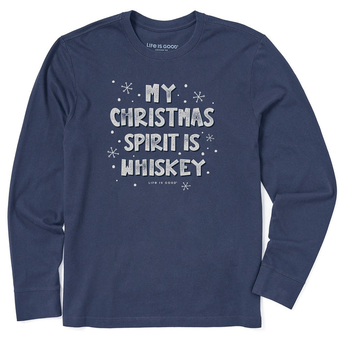 Life is Good. Men's My Christmas Spirit is Whiskey LS Crusher Tee, Darkest Blue