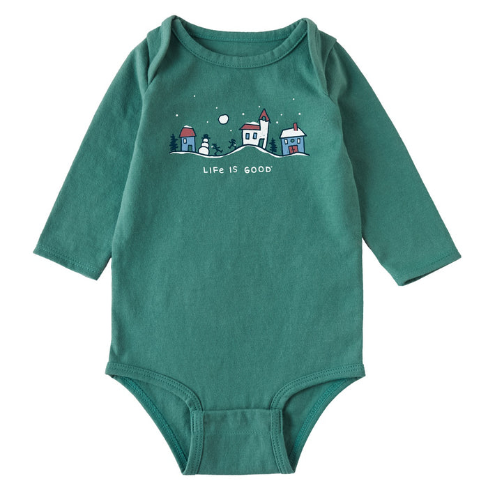 Life is Good. Snowman Village Vista LS Crusher Baby Bodysuit, Spruce Green