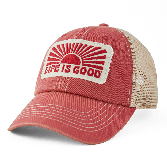 Life is Good. Horizontal Sunburst Old Favorite Meshback Cap, Faded Red