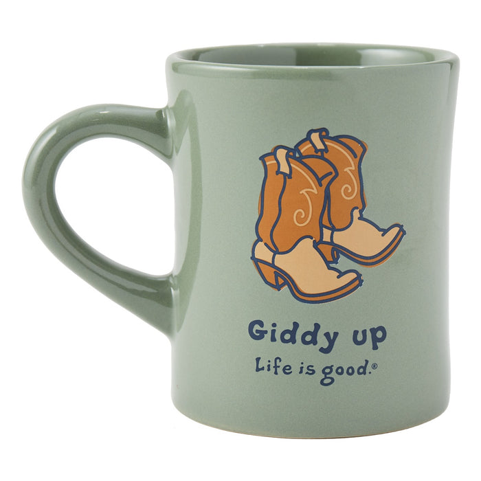 Life is Good. Giddy Up Cowboy Boots Diner Mug, Moss Green