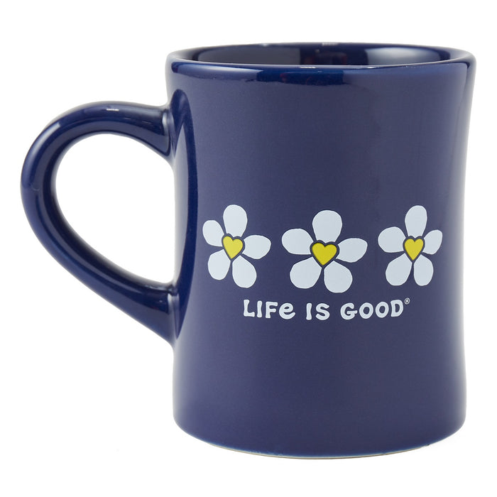 Life is Good. Three Heart Flowers Diner Mug, Darkest Blue