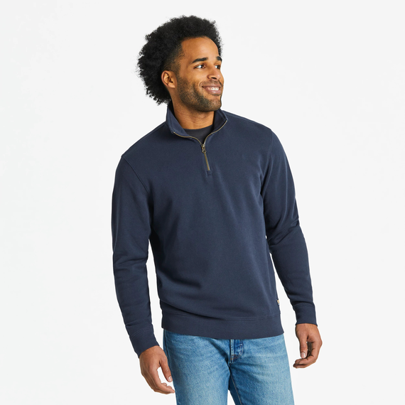 Life is Good. Men's Solid French Terry Quarter Zip Tee, Inkwell Blue