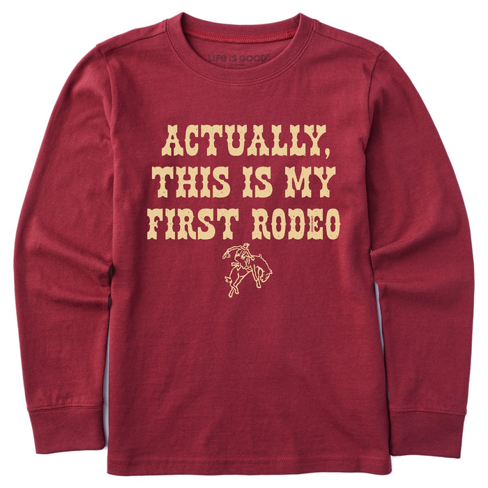 Life Is Good. Kids Woodcut First Rodeo LS Crusher Tee, Cranberry Red