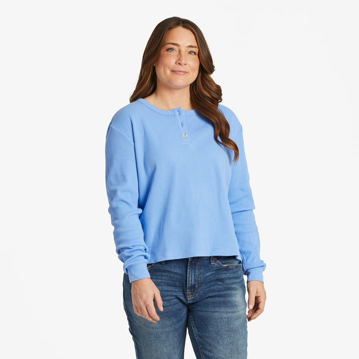 Life is Good Women's Solid Boxy Thermal Henley LS Tee, Cornflower Blue