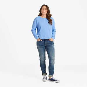 Life is Good Women's Solid Boxy Thermal Henley LS Tee, Cornflower Blue