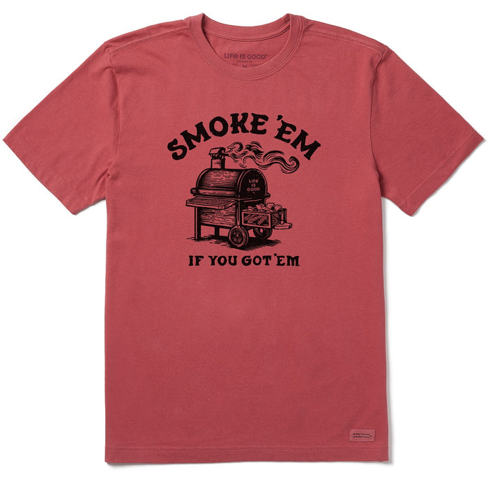 Life is Good. Men's Woodcut Smoke 'EM SS Crusher Tee, Faded Red