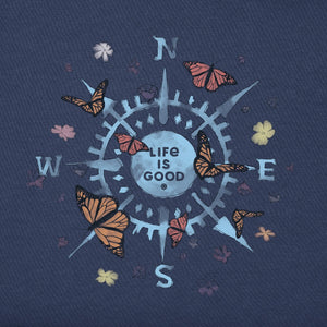Life is Good Women's Butterfly Compass Simply True Fleece Hooded Tee, Darkest Blue
