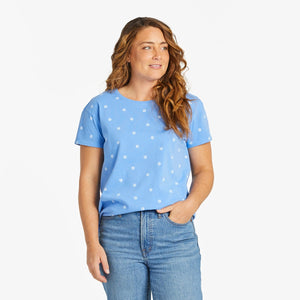 Life is Good. Women's Paw Print Pattern Crusher-LITE Easy Tee, Cornflower Blue