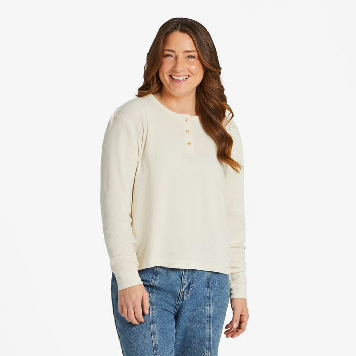 Life is Good Women's Solid Boxy Thermal Henley LS Tee, Putty White