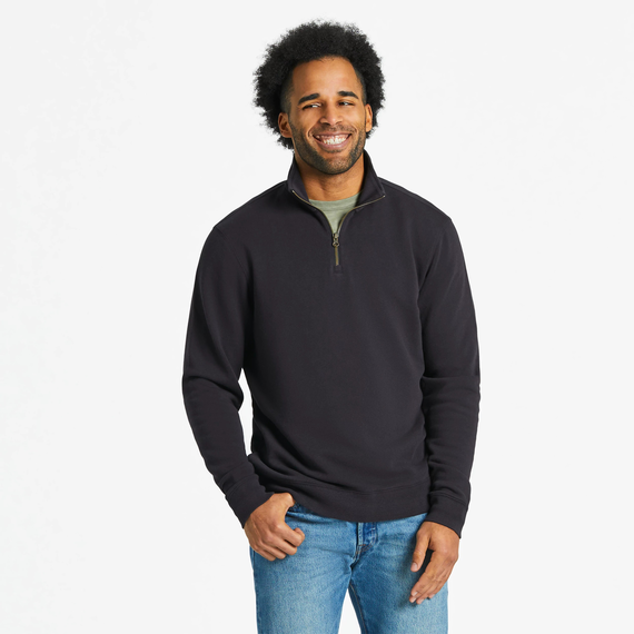 Life is Good. Men's Solid French Terry Quarter Zip Tee, True Black