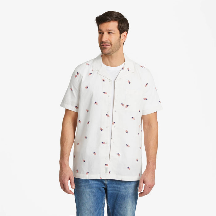 Life is Good. Men's Flag Pattern Short Sleeve Woven Camp Shirt, Cloud White