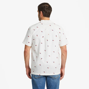 Life is Good. Men's Flag Pattern Short Sleeve Woven Camp Shirt, Cloud White