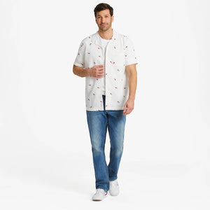 Life is Good. Men's Flag Pattern Short Sleeve Woven Camp Shirt, Cloud White