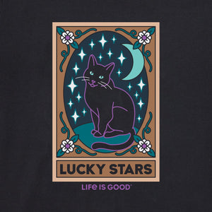 Life is Good. Women's Clean Lucky Stars Black Cat Tarot Short Sleeve Crusher Tee, Jet Black