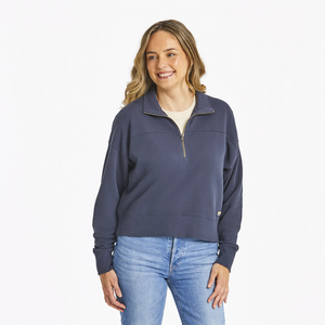 Life is Good. Women's Solid French Terry Boxy Quarter Zip Tee, Inkwell Blue