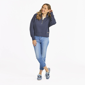 Life is Good. Women's Solid French Terry Boxy Quarter Zip Tee, Inkwell Blue