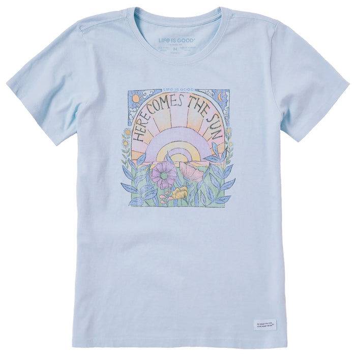 Life is Good. Women's Here Comes The Sun Hippie Short Sleeve Crusher Tee, Glacier Blue