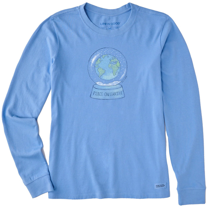 Life is Good. Women's Peace on Earth Snowglobe Long Sleeve Crusher Tee, Cornflower Blue