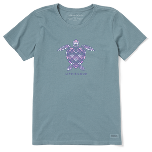 Life is Good. Women's Mandala Heart Turtle SS Crusher Tee, Smoky Blue