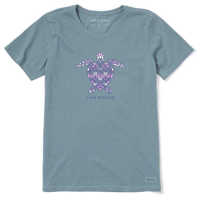 Life is Good. Women's Mandala Heart Turtle SS Crusher Tee, Smoky Blue