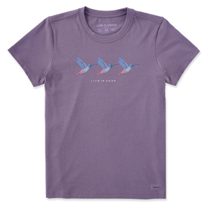 Life is Good. Women's Three Hummingbirds SS Crusher Tee, Dusk Purple